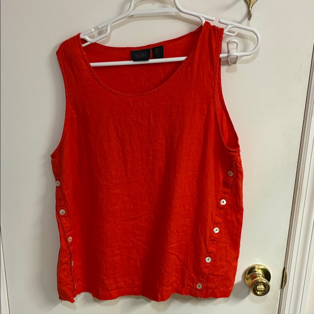 RACHEL Rachel Roy Red Sleeveless 100% Linen Tank with Side Button Detail Sz L